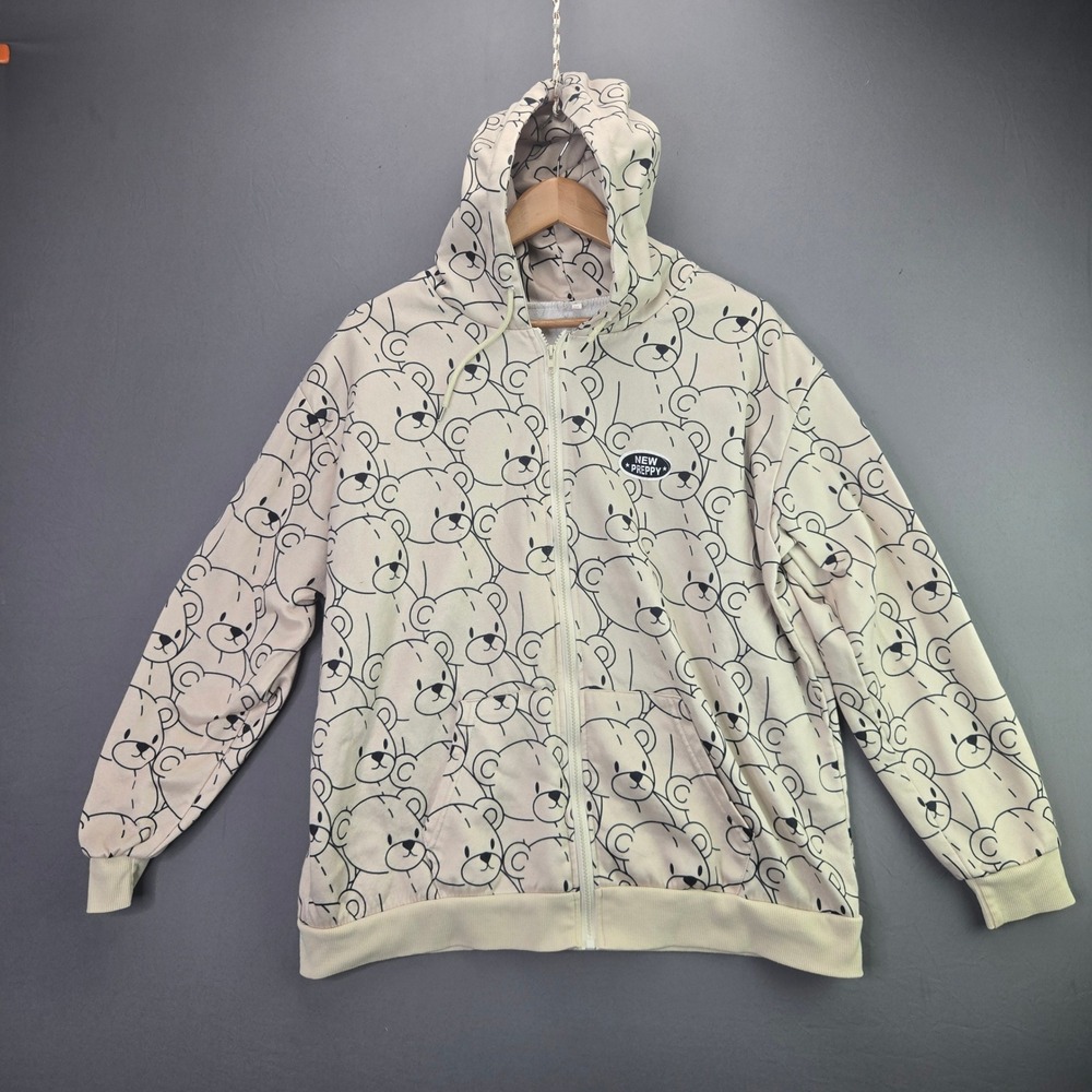 New Preppy Zip Up Hoodie Teddy Bear All Over Print L Cream Kawaii Streetwear